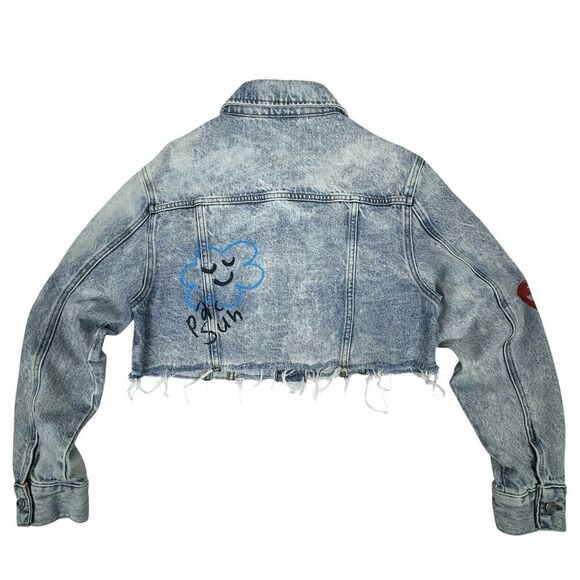 Pacsun Crop Denim Jacket Medium Graffiti Skater Distressed Painted Art Sun Peace - Picture 2 of 13
